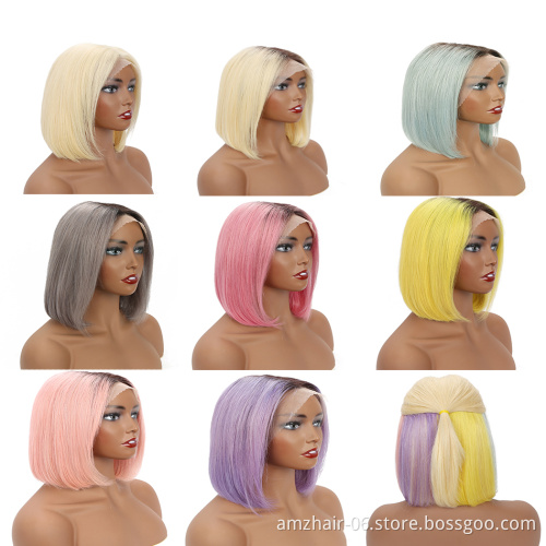 Selling Straight Short Blonde Gold Neon 613 Pink Blue Grey Red Color Bob Wig Raw Virgin Lace Human Hair Front Wig Ombre Colored
